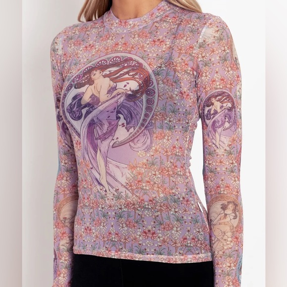 Blackmilk “MUCHA THE ARTS SHEER HIGH NECK LONG SLEEVE TOP” Size Large L NWT - Picture 4 of 16